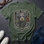 Aussiedoodle "Got Your 6" t-shirt design featuring a tactical distressed badge portrait of an Aussiedoodle on a bay Comfort Colors tee