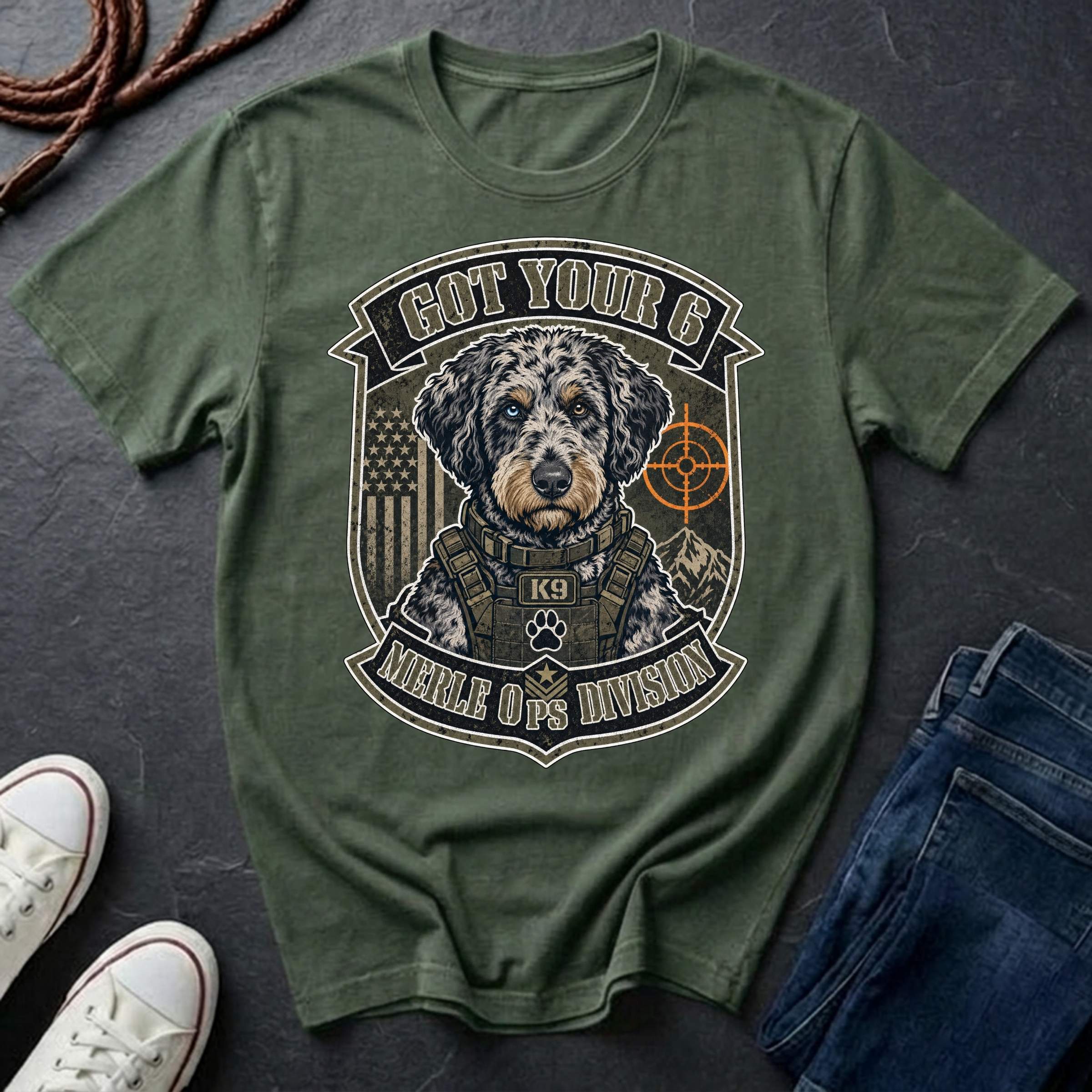 Aussiedoodle "Got Your 6" t-shirt design featuring a tactical distressed badge portrait of an Aussiedoodle on a bay Comfort Colors tee