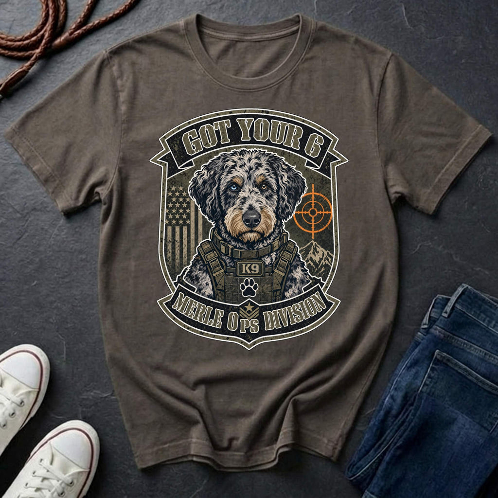 Aussiedoodle "Got Your 6" t-shirt design featuring a tactical distressed badge portrait of an Aussiedoodle on a grey Comfort Colors tee