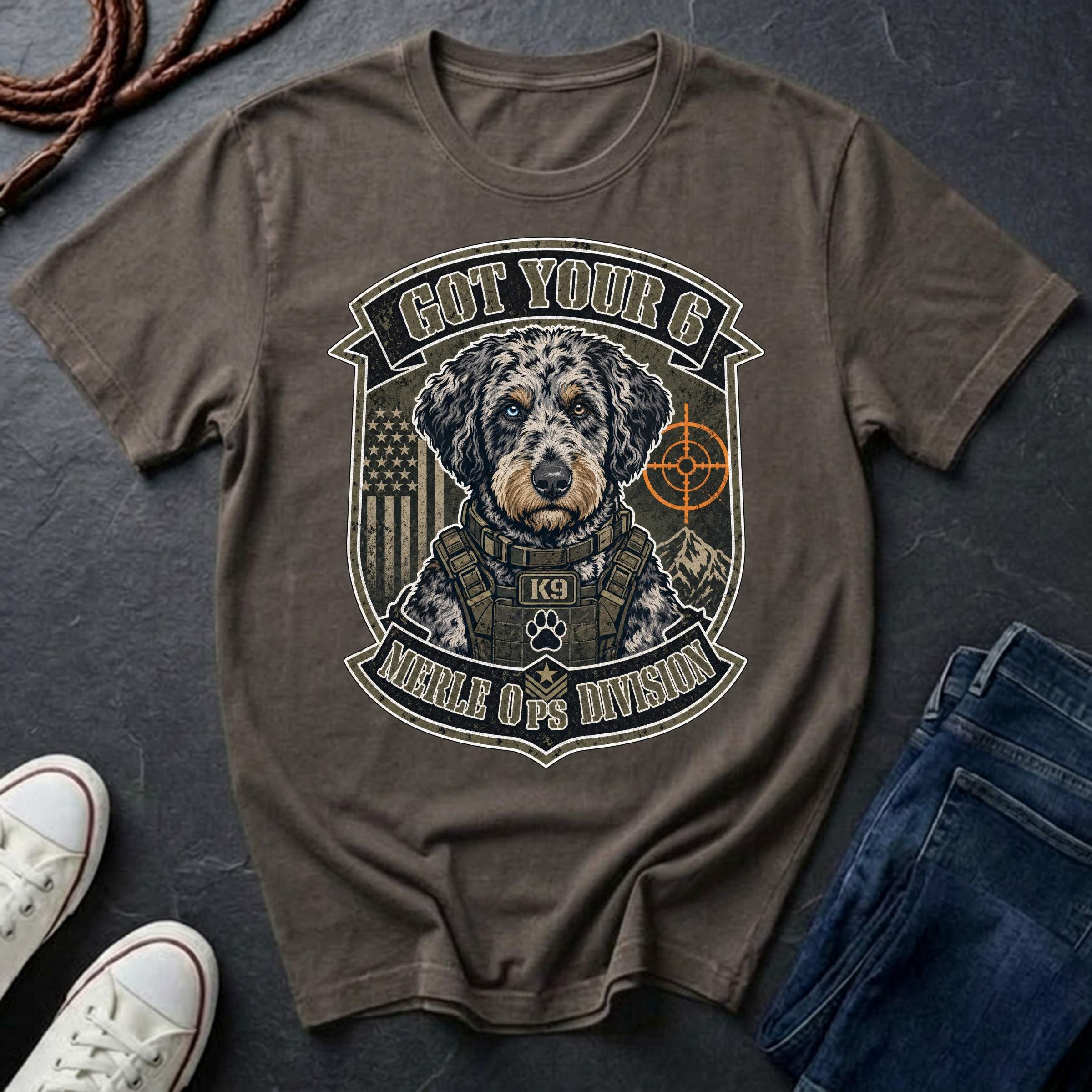 Aussiedoodle "Got Your 6" t-shirt design featuring a tactical distressed badge portrait of an Aussiedoodle on a grey Comfort Colors tee