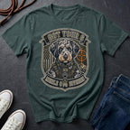 Aussiedoodle "Got Your 6" t-shirt design featuring a tactical distressed badge portrait of an Aussiedoodle on a blue spruce Comfort Colors tee