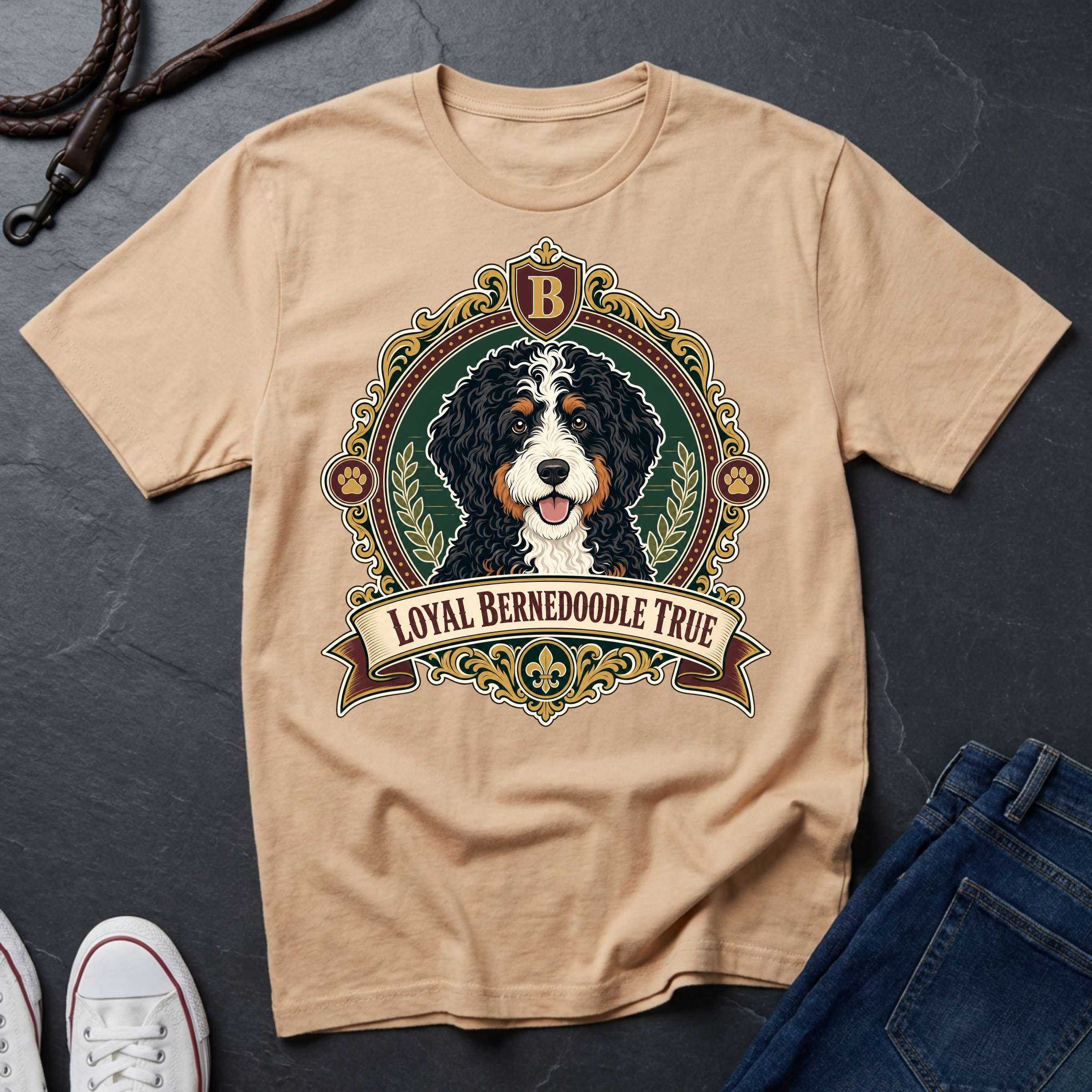 Bernedoodle Heritage Badge t-shirt design featuring a vintage crest with tri-color Bernedoodle portrait on a ivory Comfort Colors tee