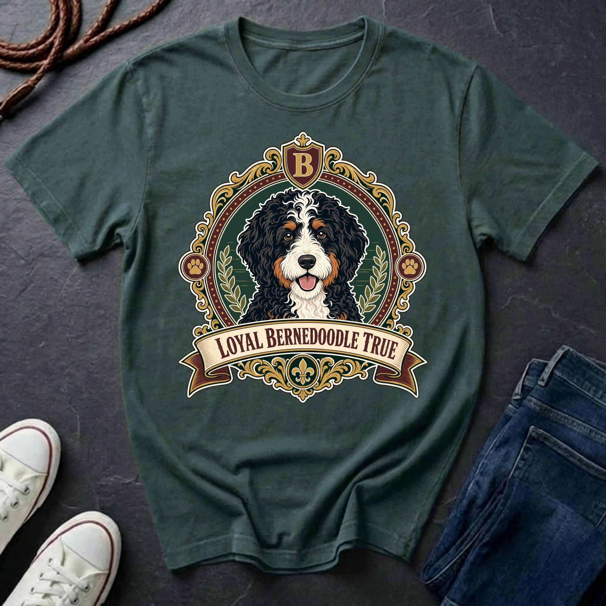 Bernedoodle Heritage Badge t-shirt design featuring a vintage crest with tri-color Bernedoodle portrait on a blue spruce Comfort Colors tee