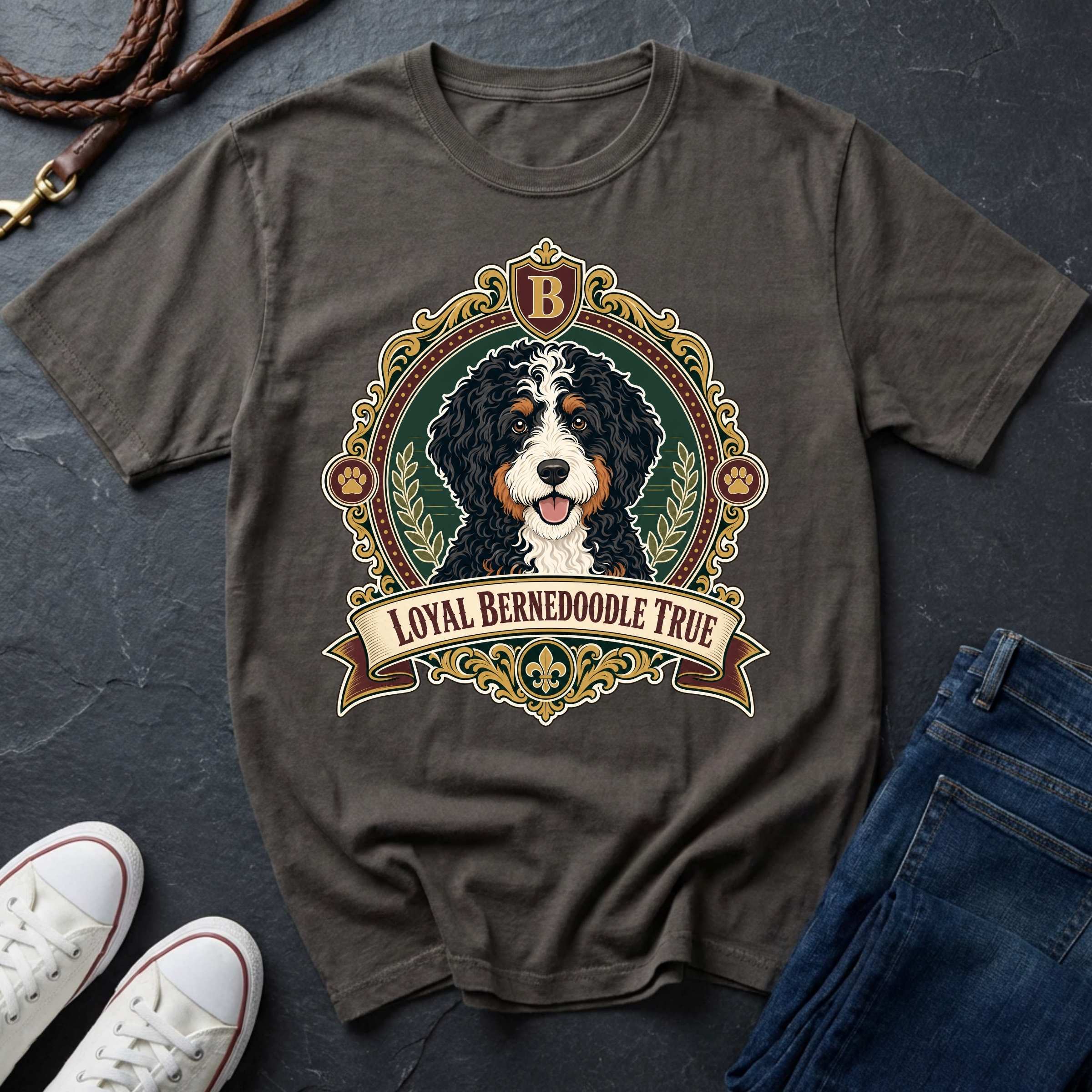 Bernedoodle Heritage Badge t-shirt design featuring a vintage crest with tri-color Bernedoodle portrait on  a Pepper Comfort Colors tee