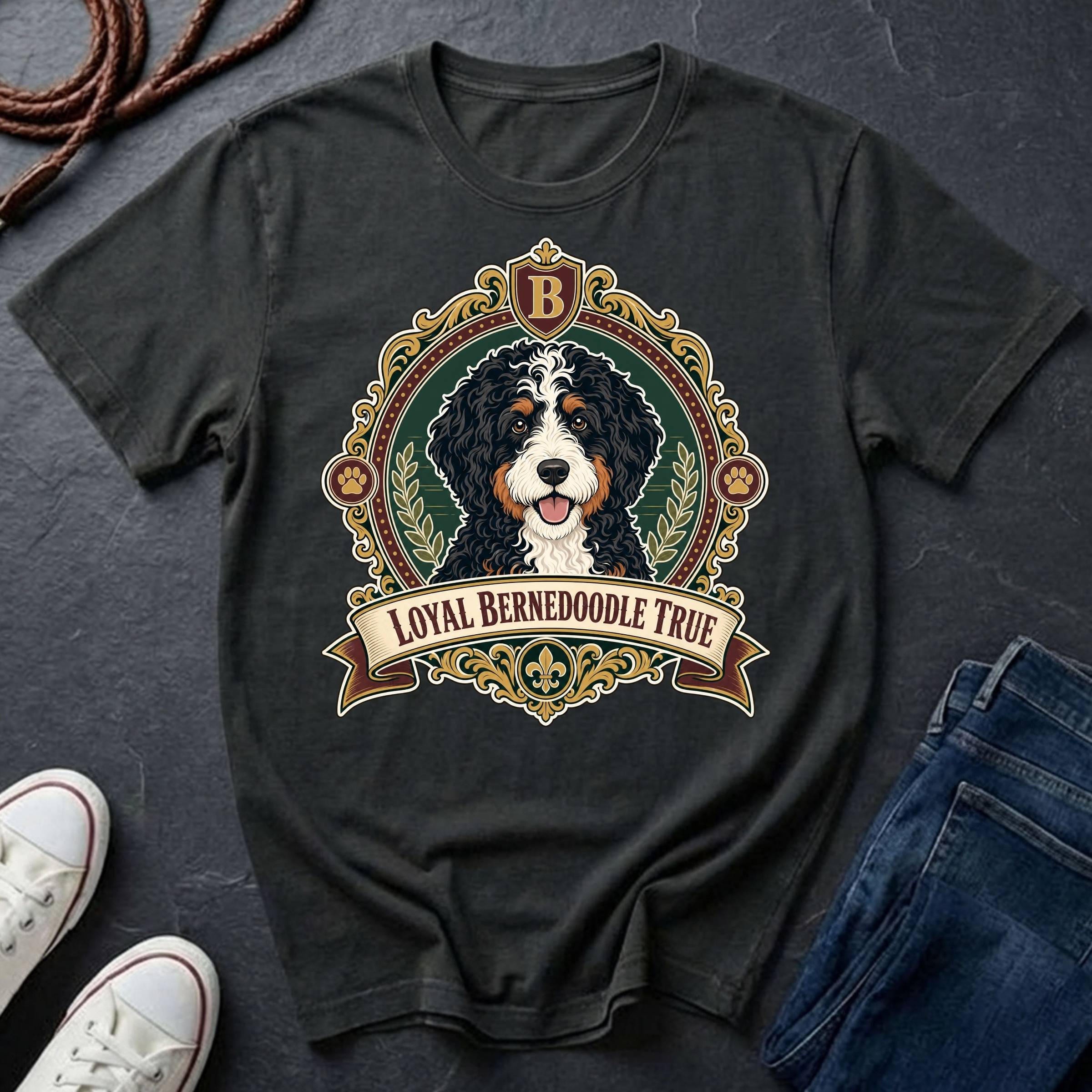 Bernedoodle Heritage Badge t-shirt design featuring a vintage crest with tri-color Bernedoodle portrait on a black Comfort Colors tee