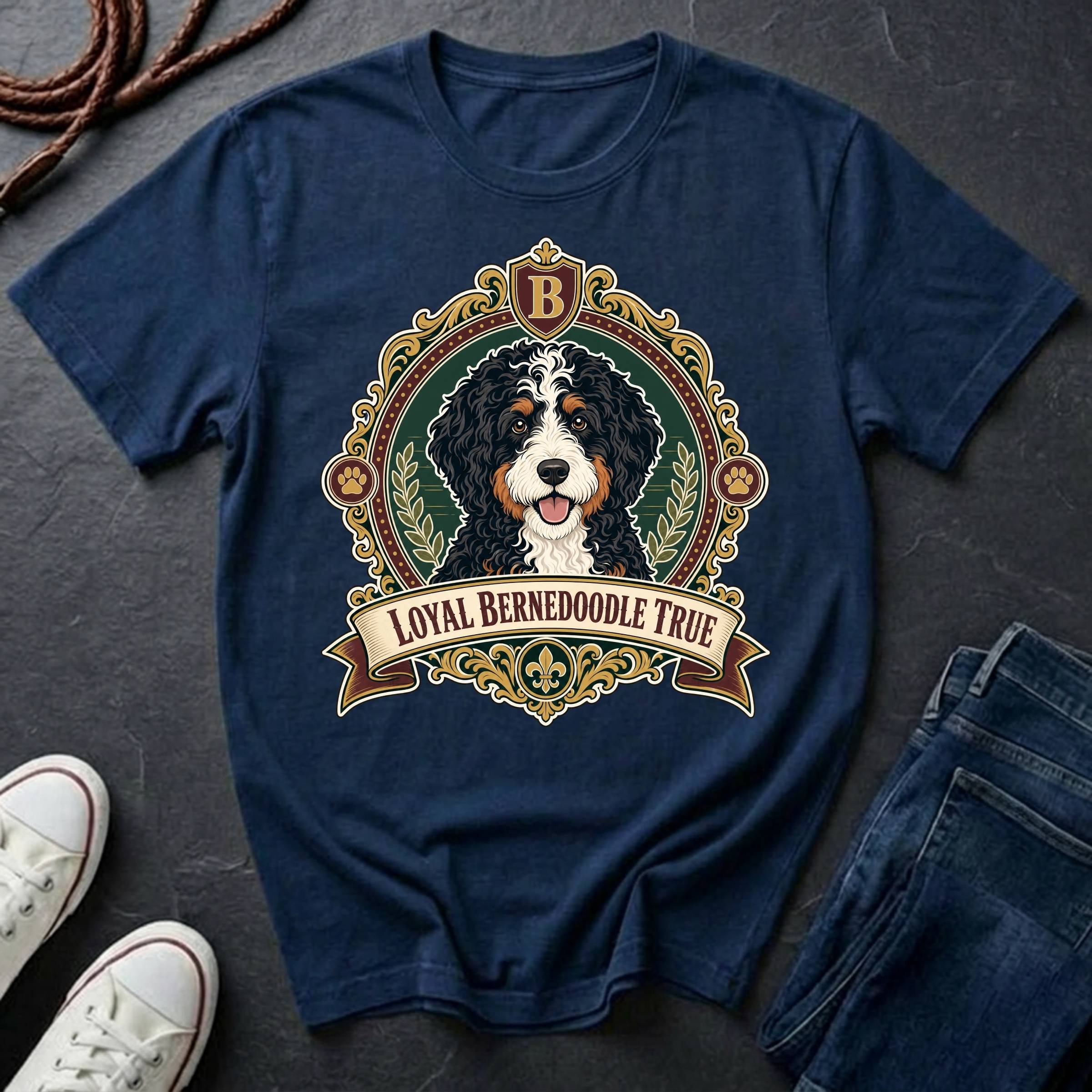 Bernedoodle Heritage Badge t-shirt design featuring a vintage crest with tri-color Bernedoodle portrait on a navy Comfort Colors tee