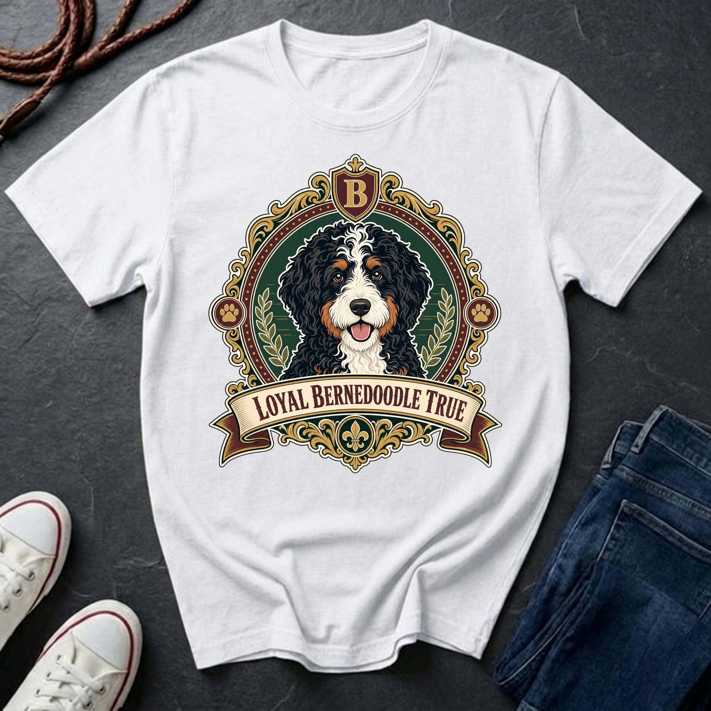Bernedoodle Heritage Badge t-shirt design featuring a vintage crest with tri-color Bernedoodle portrait on a white Comfort Colors tee