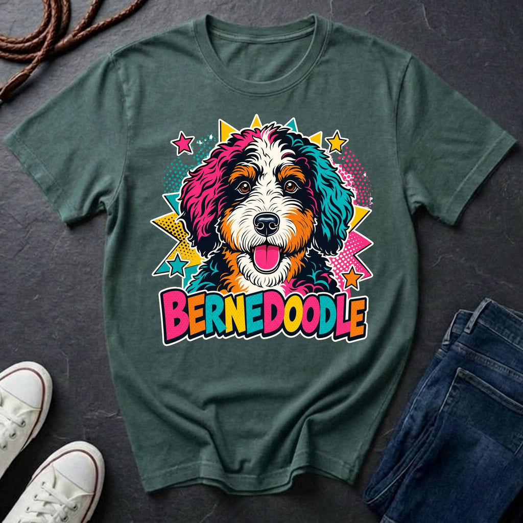 A bay short-sleeve comfort colors Tee featuring a colorful pop-art Bernedoodle dog graphic with the word 'BERNEDOODLE' in bright multicolor letters.