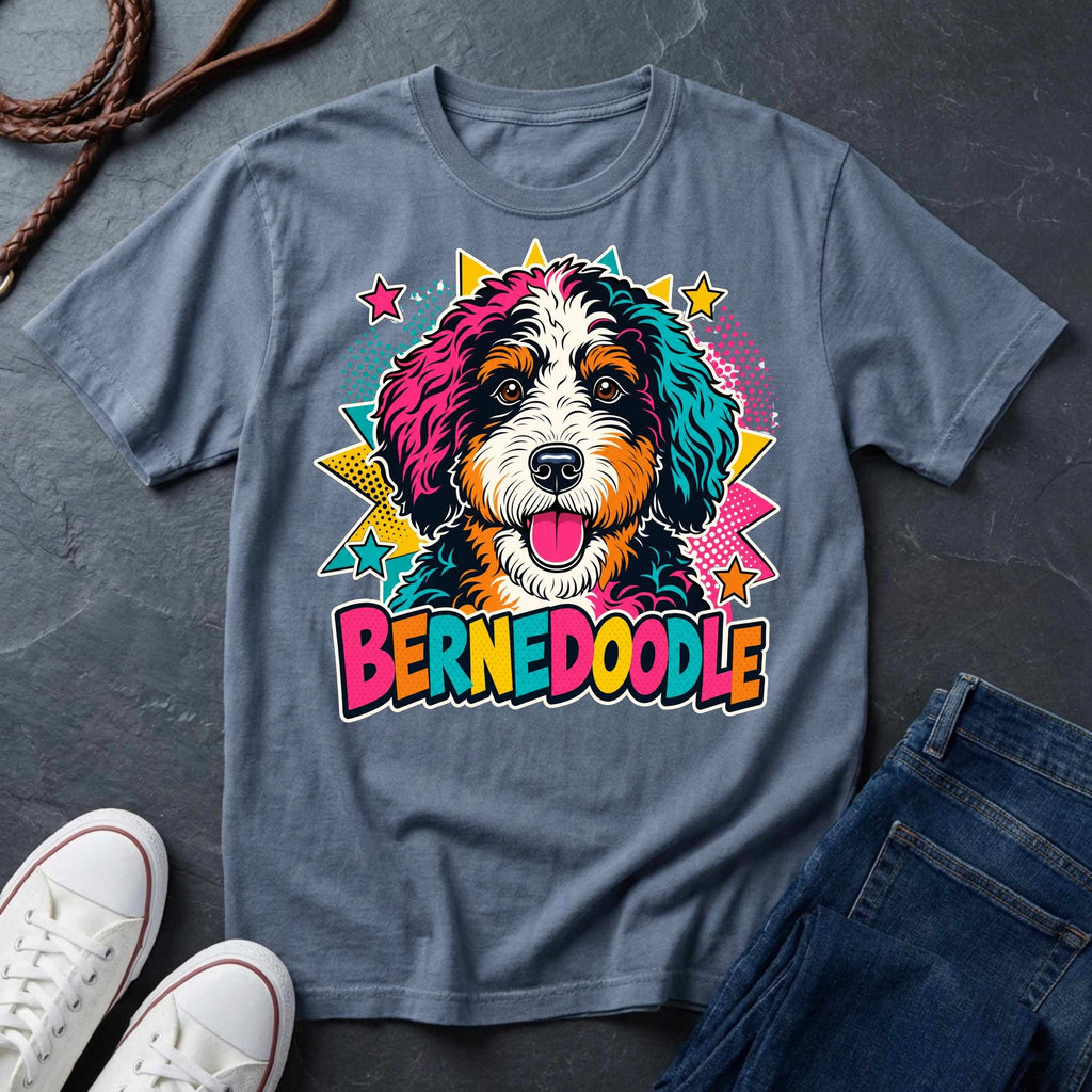 A blue jean short-sleeve comfort colors Tee featuring a colorful pop-art Bernedoodle dog graphic with the word 'BERNEDOODLE' in bright multicolor letters.