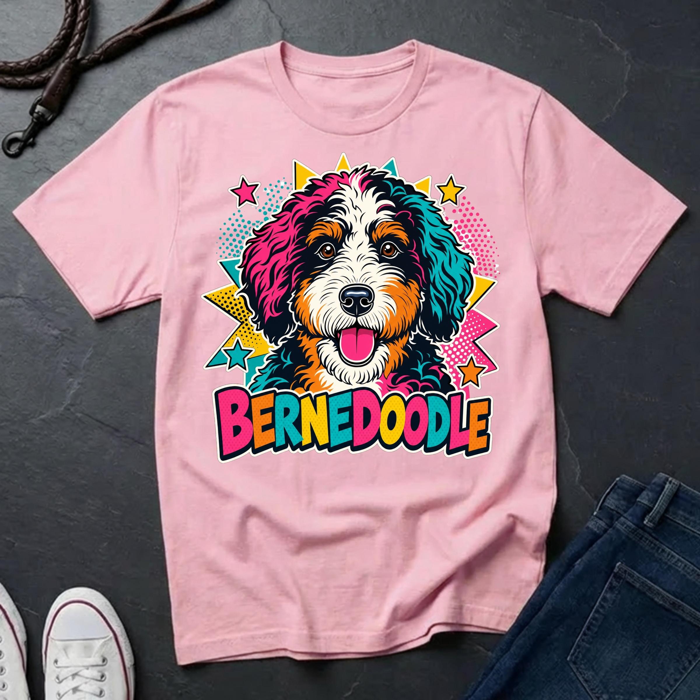 A blossom short-sleeve comfort colors Tee featuring a colorful pop-art Bernedoodle dog graphic with the word 'BERNEDOODLE' in bright multicolor letters.