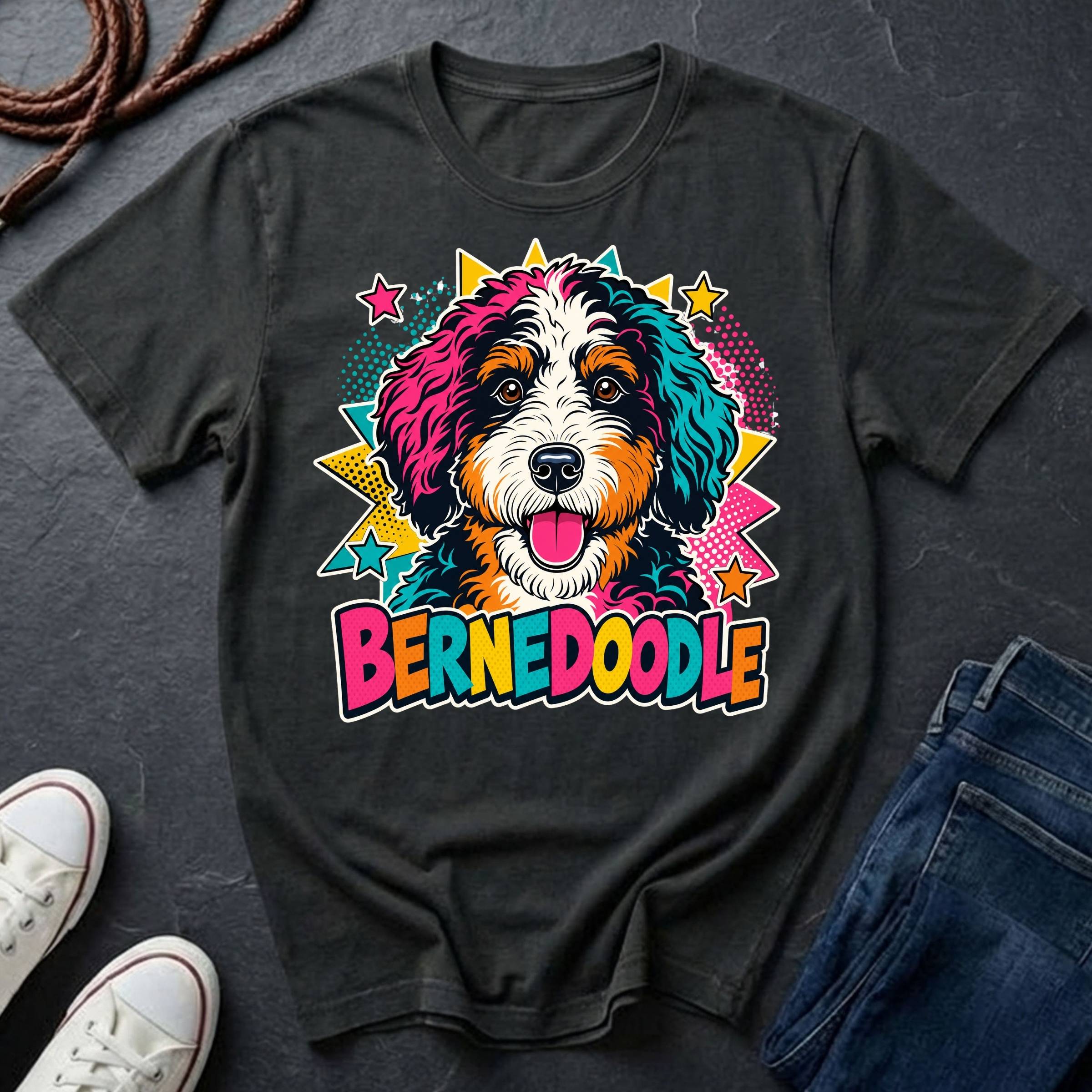 A black short-sleeve comfort colors Tee featuring a colorful pop-art Bernedoodle dog graphic with the word 'BERNEDOODLE' in bright multicolor letters.