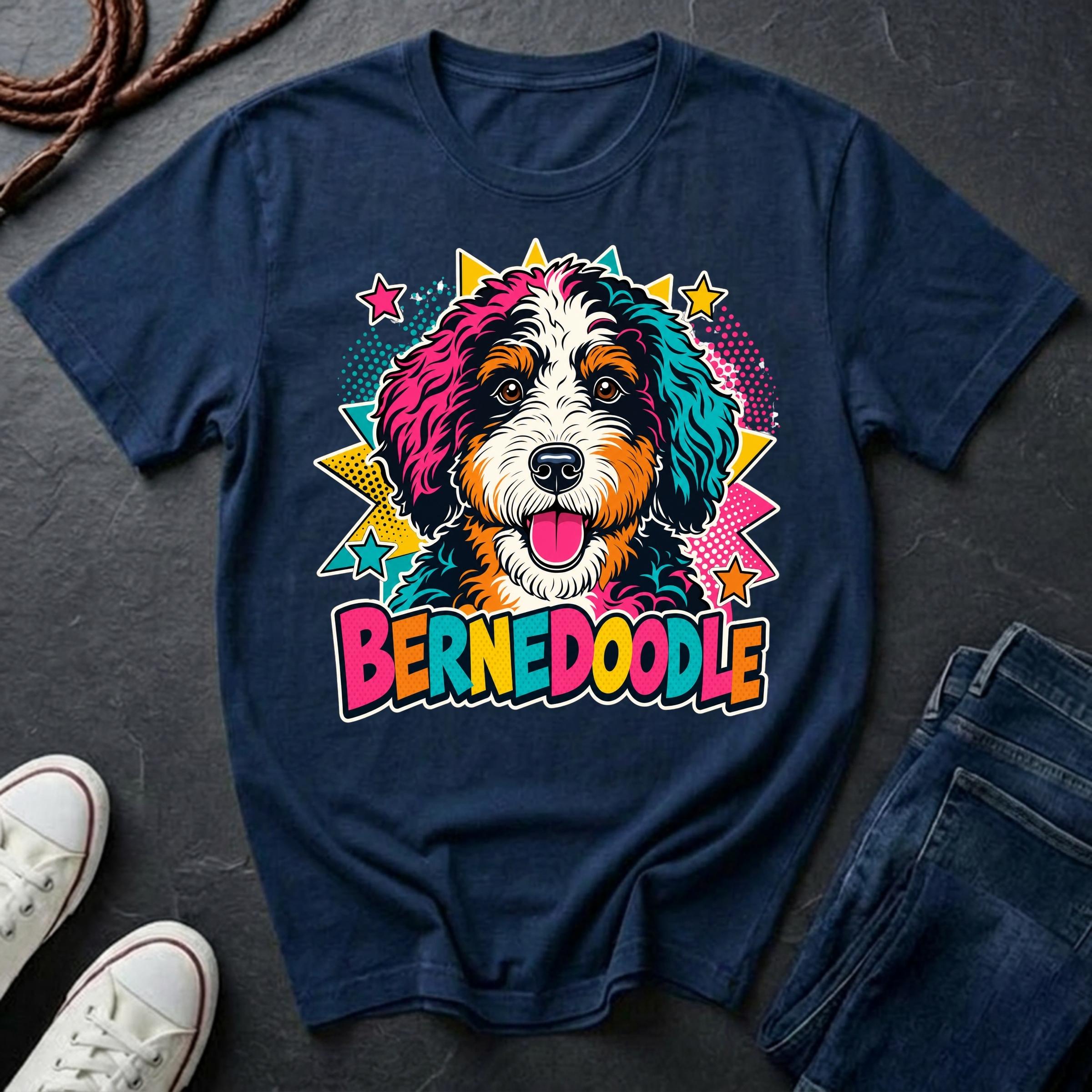 A navy short-sleeve comfort colors Tee featuring a colorful pop-art Bernedoodle dog graphic with the word 'BERNEDOODLE' in bright multicolor letters.