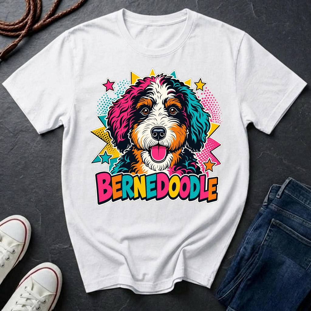 A white short-sleeve comfort colors Tee featuring a colorful pop-art Bernedoodle dog graphic with the word 'BERNEDOODLE' in bright multicolor letters.