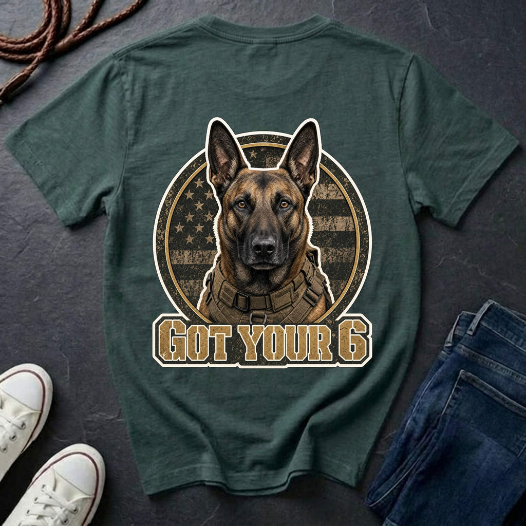 Belgian Malinois illustration inside a circular American flag design with the text 'GOT YOUR 6' below, on a blue spruce comfort color tee