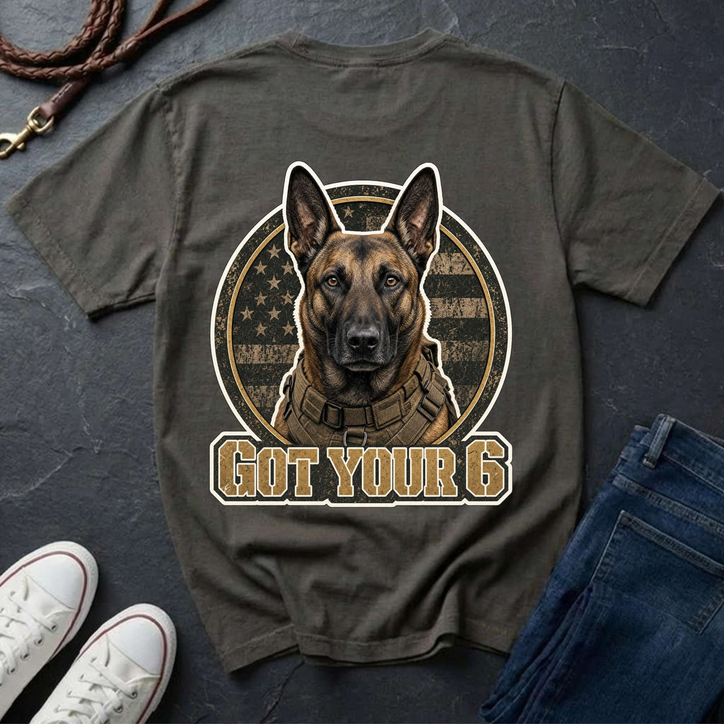 Belgian Malinois illustration inside a circular American flag design with the text 'GOT YOUR 6' below, on a grey comfort color tee