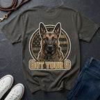 Belgian Malinois illustration inside a circular American flag design with the text 'GOT YOUR 6' below, on a grey comfort color tee