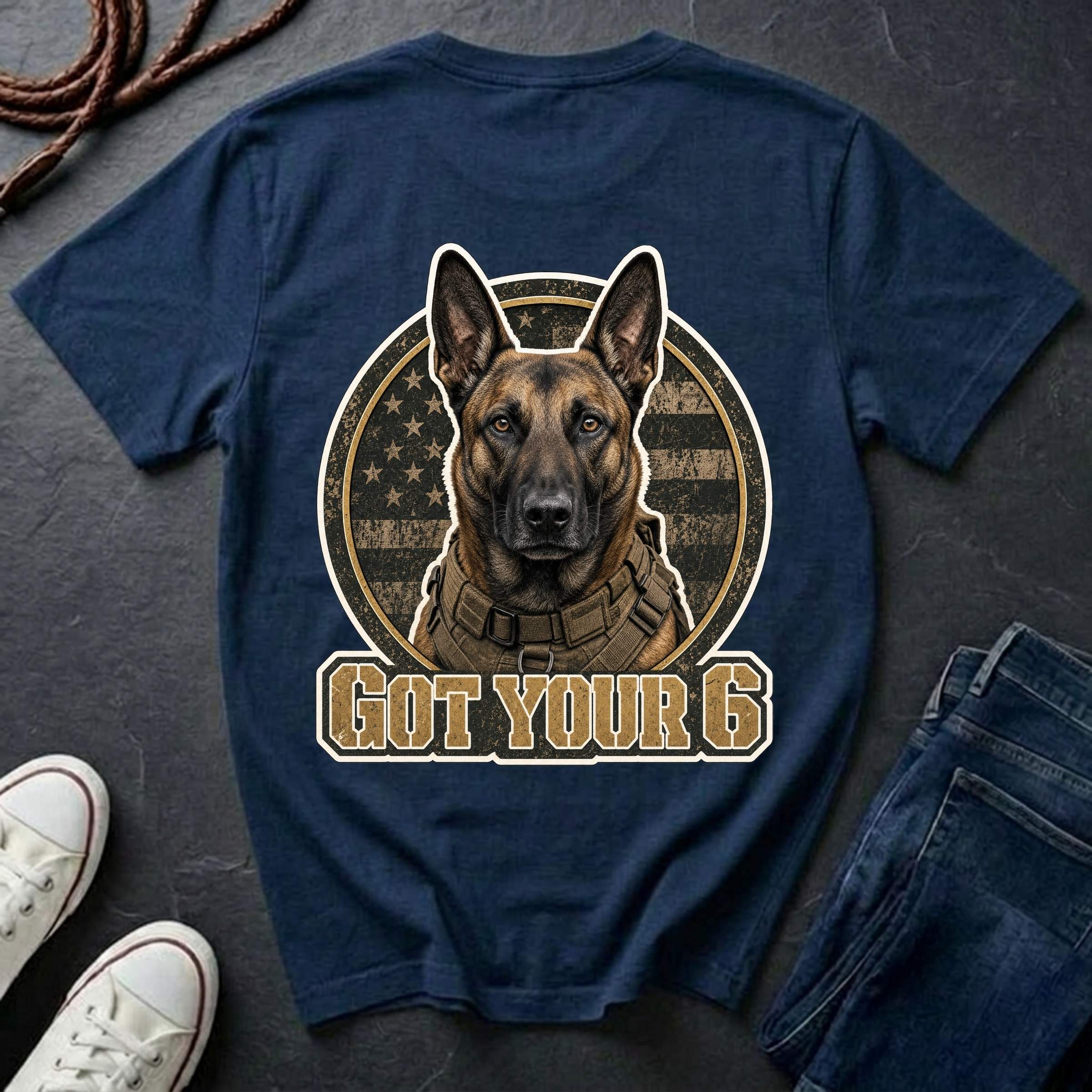 Belgian Malinois illustration inside a circular American flag design with the text 'GOT YOUR 6' below, on a navy comfort color tee