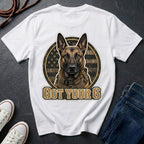 Belgian Malinois illustration inside a circular American flag design with the text 'GOT YOUR 6' below, on a white comfort color tee