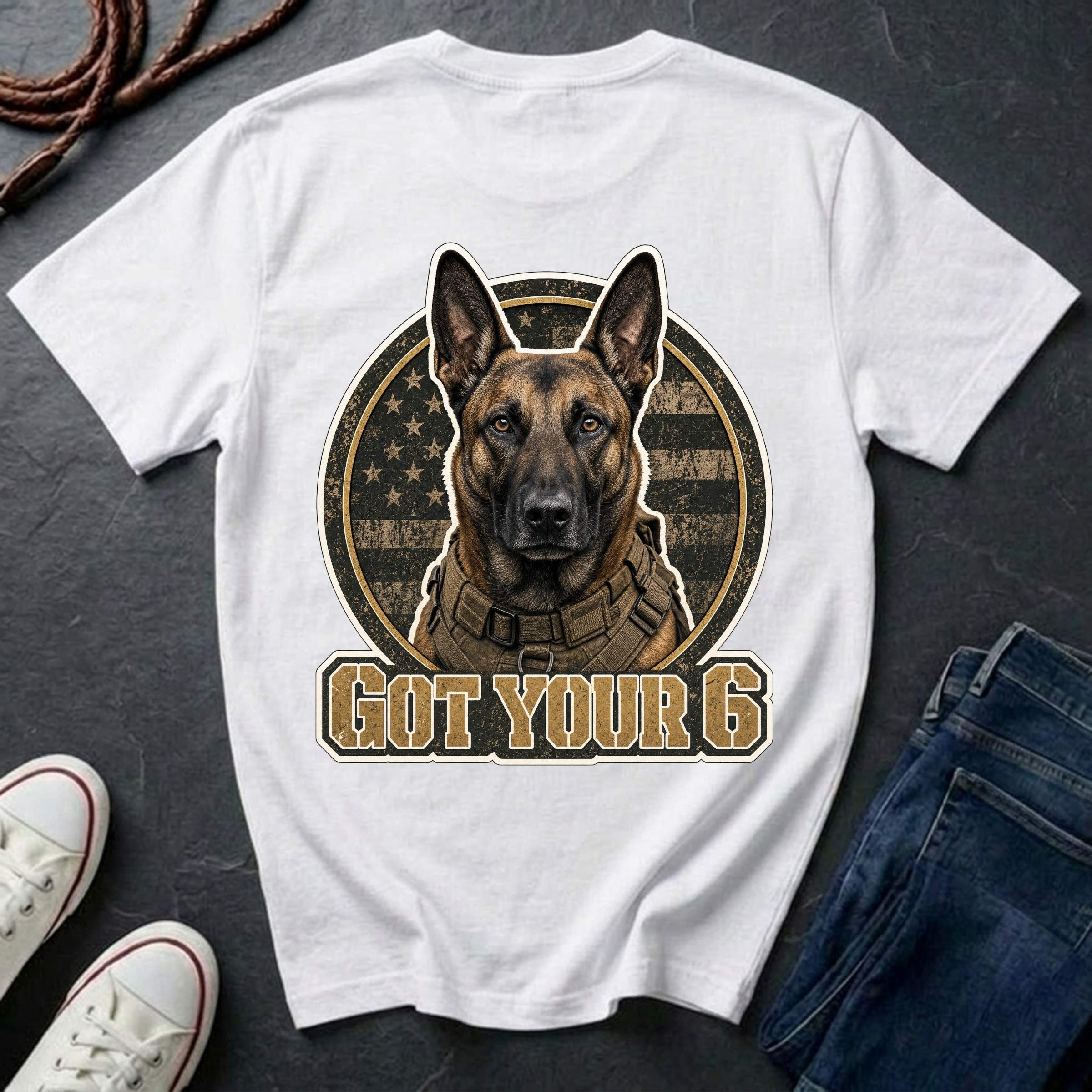 Belgian Malinois illustration inside a circular American flag design with the text 'GOT YOUR 6' below, on a white comfort color tee
