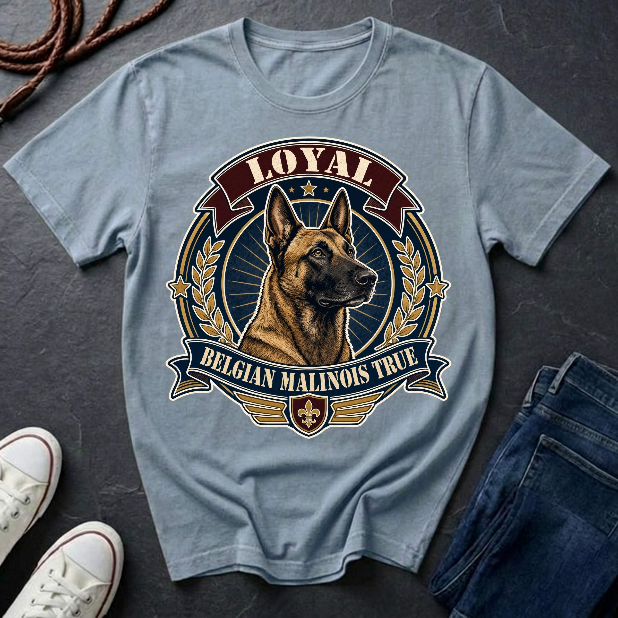Belgian Malinois Heritage Badge t-shirt design featuring a vintage crest portrait of a Belgian Malinois with laurel wreath and "Loyal Belgian Malinois True" banner on a chambray Comfort Colors tee
