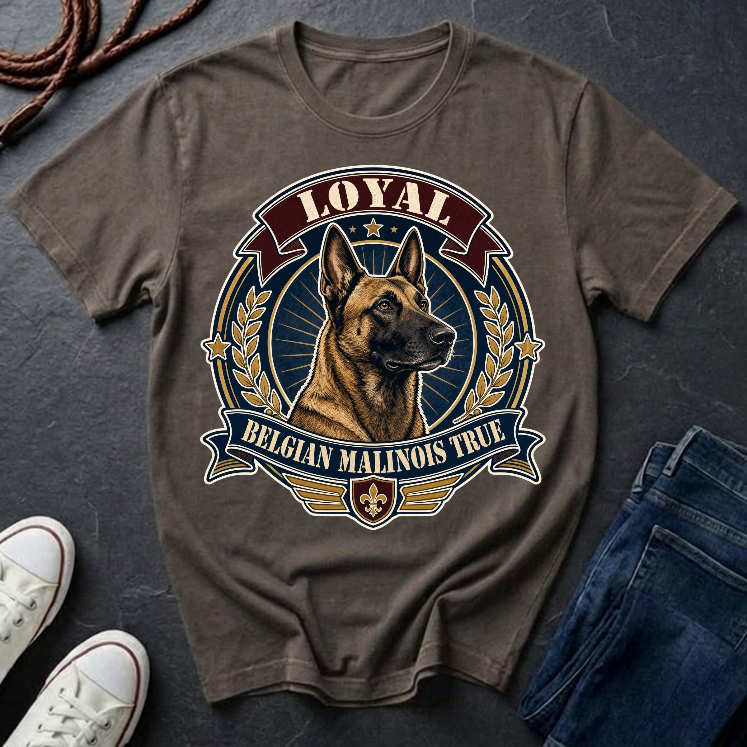 Belgian Malinois Heritage Badge t-shirt design featuring a vintage crest portrait of a Belgian Malinois with laurel wreath and "Loyal Belgian Malinois True" banner on a grey Comfort Colors tee