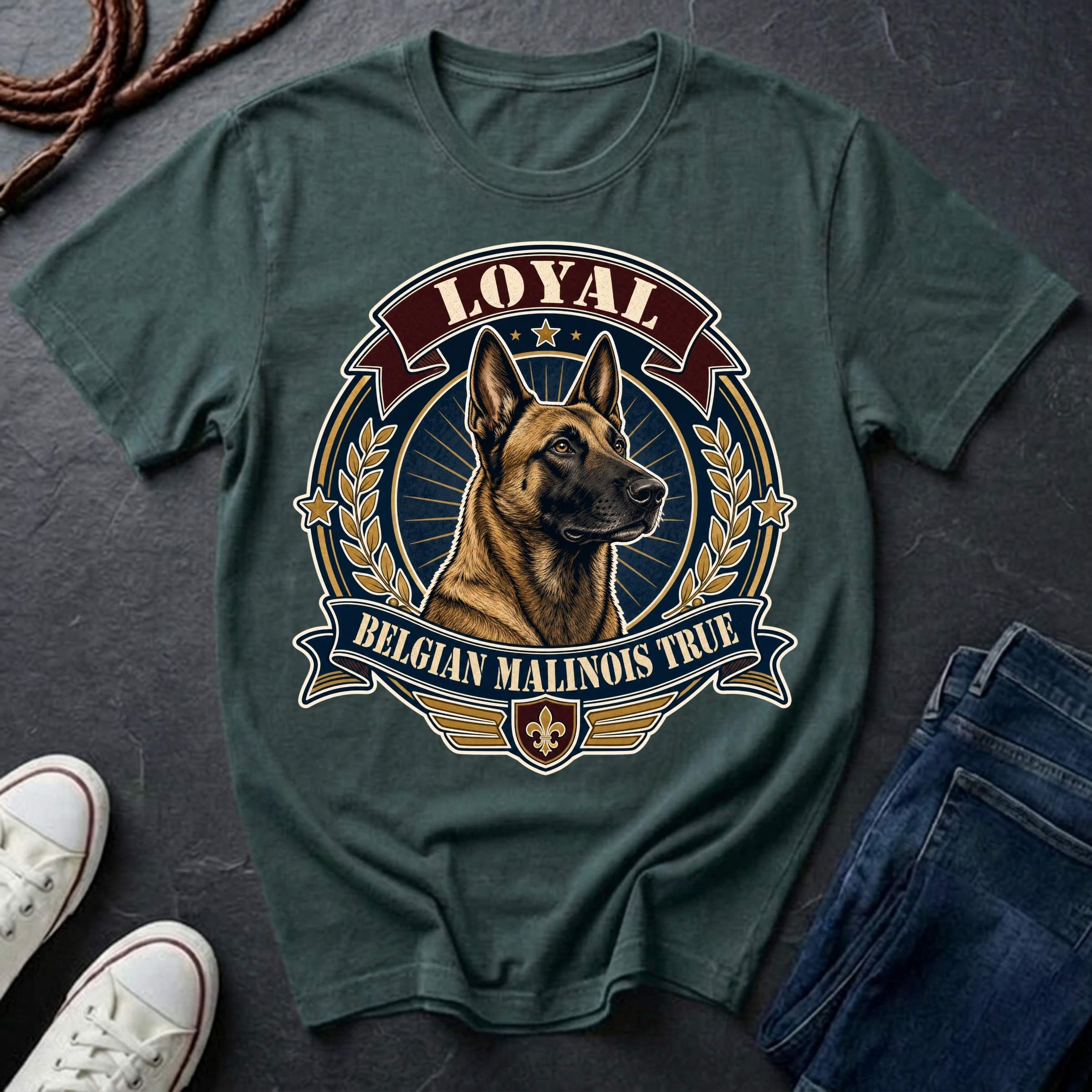 Belgian Malinois Heritage Badge t-shirt design featuring a vintage crest portrait of a Belgian Malinois with laurel wreath and "Loyal Belgian Malinois True" banner on a blue spruce Comfort Colors tee