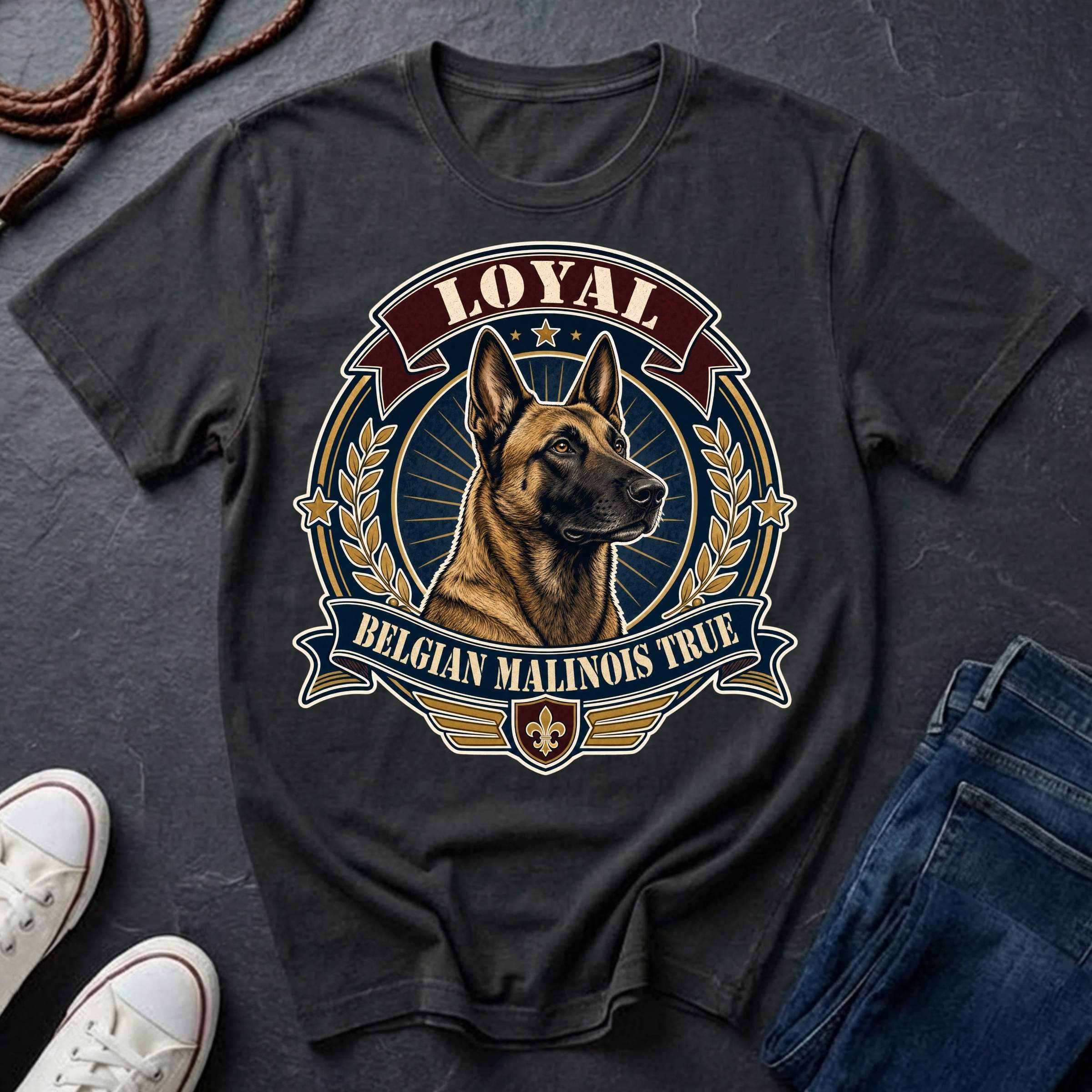 Belgian Malinois Heritage Badge t-shirt design featuring a vintage crest portrait of a Belgian Malinois with laurel wreath and "Loyal Belgian Malinois True" banner on a black Comfort Colors tee