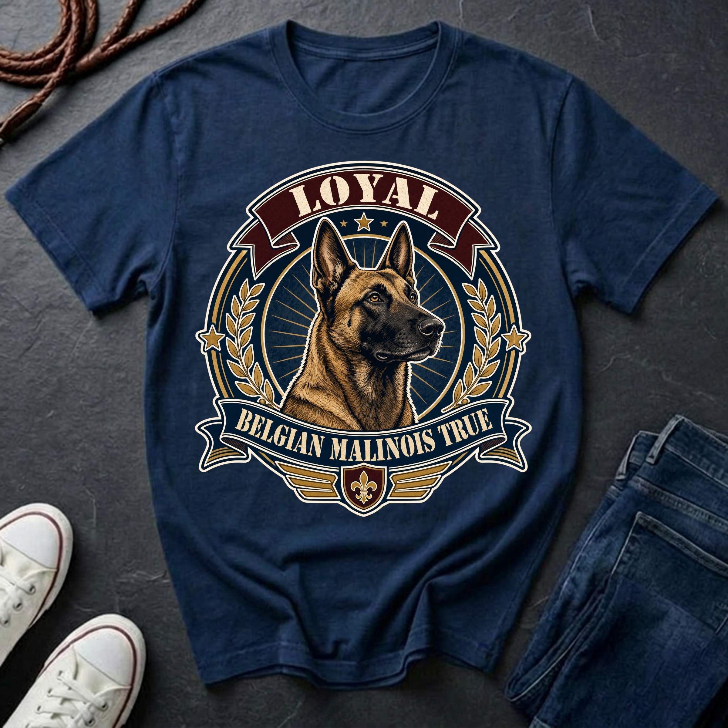 Belgian Malinois Heritage Badge t-shirt design featuring a vintage crest portrait of a Belgian Malinois with laurel wreath and "Loyal Belgian Malinois True" banner on a navy Comfort Colors tee