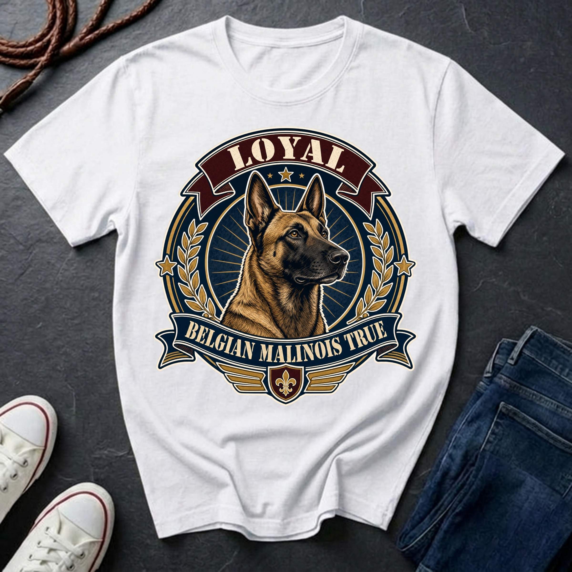 Belgian Malinois Heritage Badge t-shirt design featuring a vintage crest portrait of a Belgian Malinois with laurel wreath and "Loyal Belgian Malinois True" banner on a White Comfort Colors tee