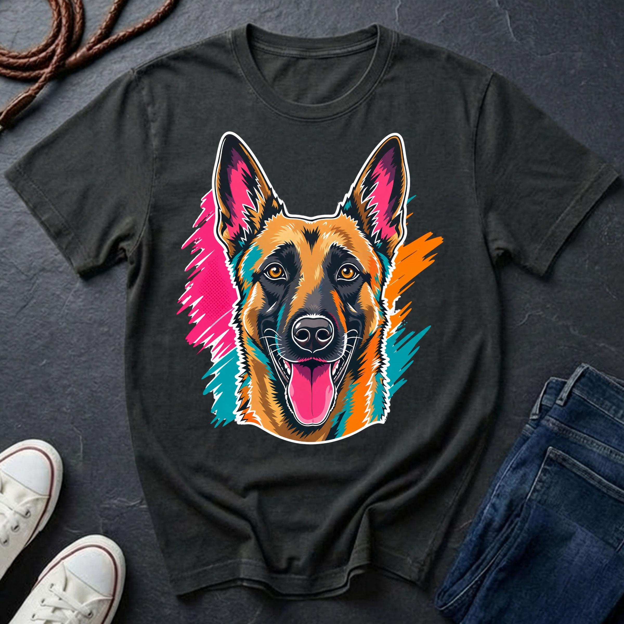 Black Belgian Malinois Pop Art t-shirt design featuring a vibrant flat-vector color-block portrait of a Belgian Malinois on a Comfort Colors tee