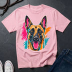 Blossom Belgian Malinois Pop Art t-shirt design featuring a vibrant flat-vector color-block portrait of a Belgian Malinois on a Comfort Colors tee