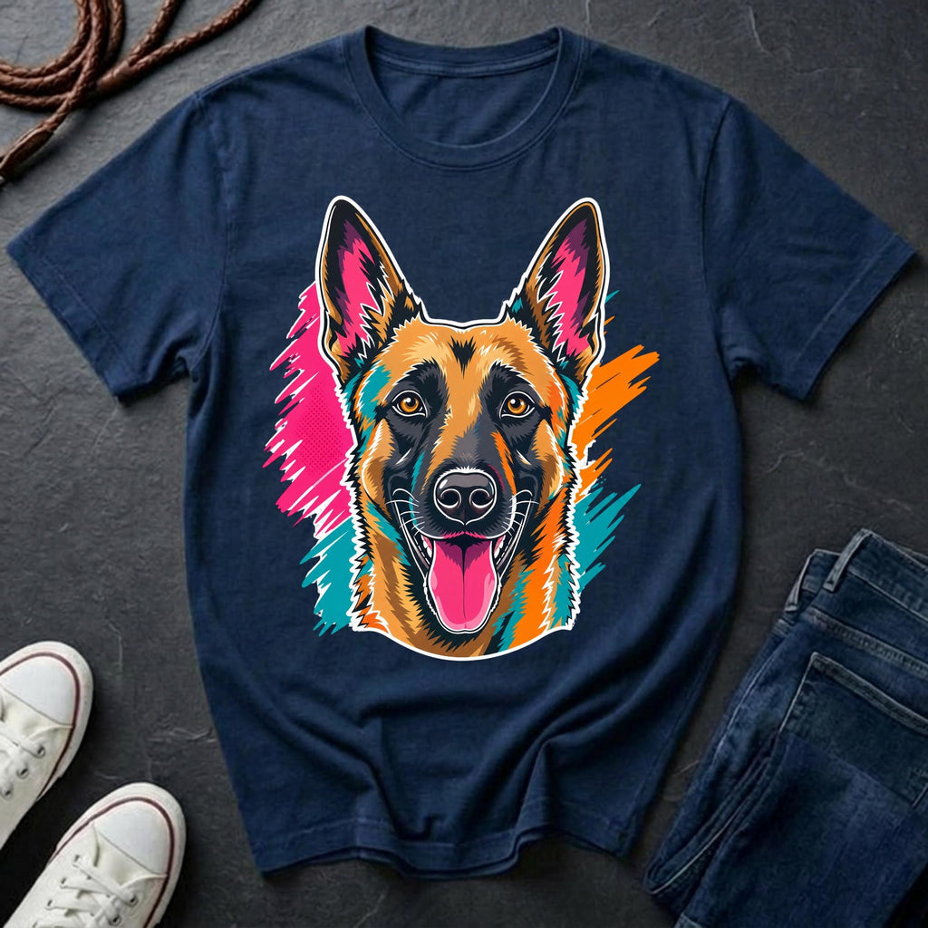 Navy Belgian Malinois Pop Art t-shirt design featuring a vibrant flat-vector color-block portrait of a Belgian Malinois on a Comfort Colors tee
