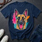 Navy Belgian Malinois Pop Art t-shirt design featuring a vibrant flat-vector color-block portrait of a Belgian Malinois on a Comfort Colors tee