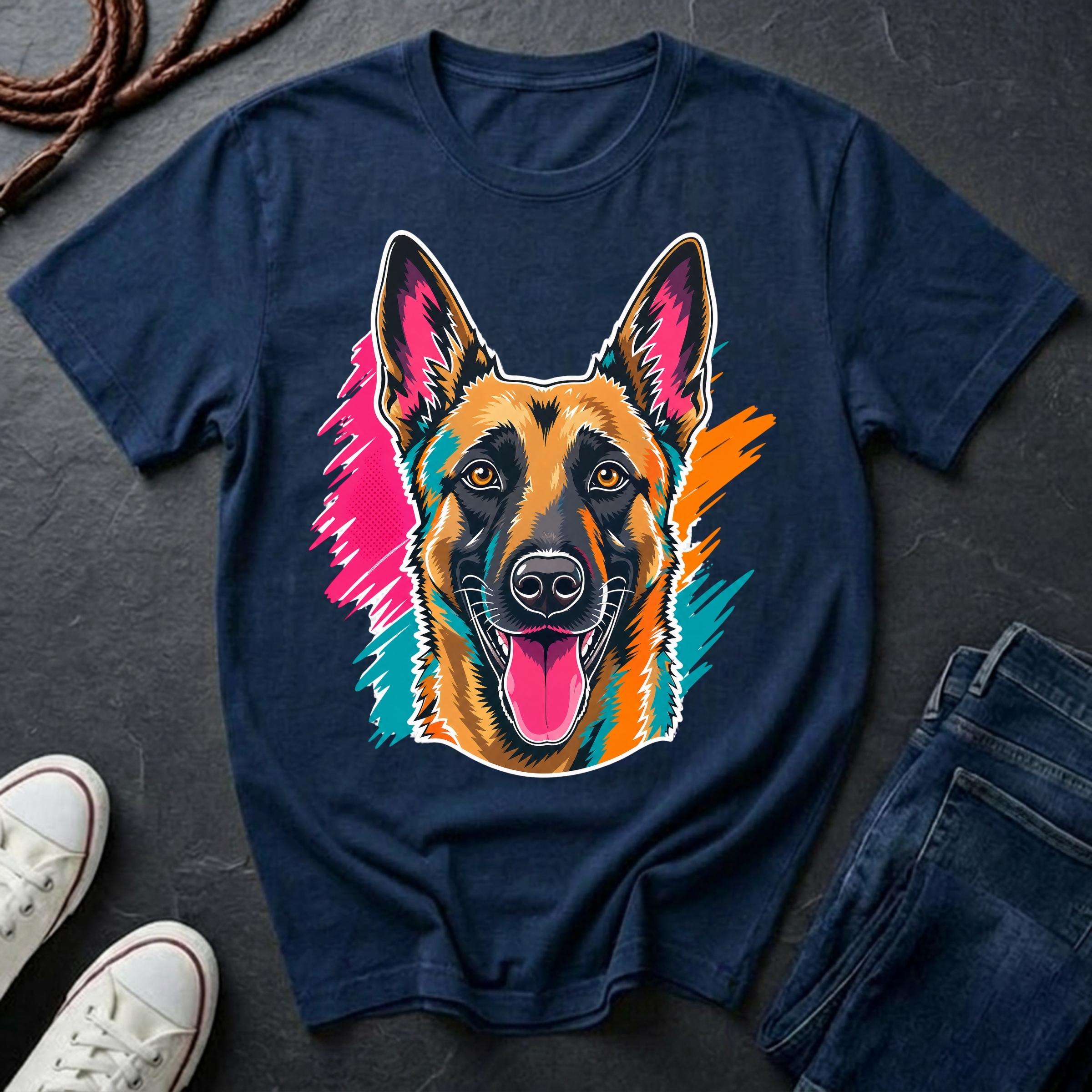 Navy Belgian Malinois Pop Art t-shirt design featuring a vibrant flat-vector color-block portrait of a Belgian Malinois on a Comfort Colors tee