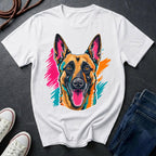 White Belgian Malinois Pop Art t-shirt design featuring a vibrant flat-vector color-block portrait of a Belgian Malinois on a Comfort Colors tee