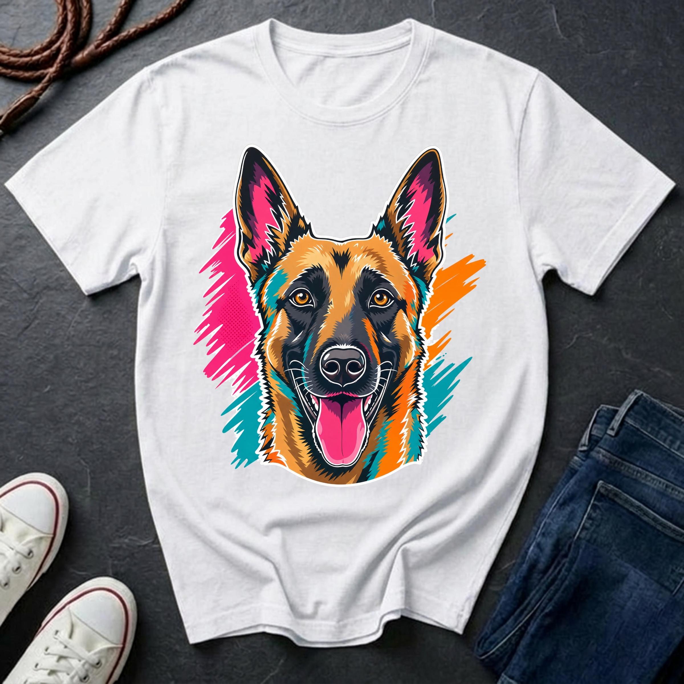 White Belgian Malinois Pop Art t-shirt design featuring a vibrant flat-vector color-block portrait of a Belgian Malinois on a Comfort Colors tee