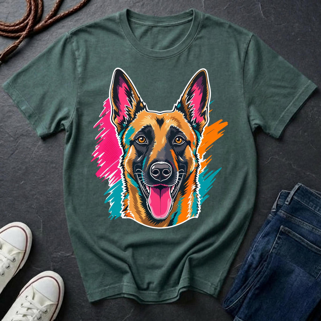 Blue spruce Belgian Malinois Pop Art t-shirt design featuring a vibrant flat-vector color-block portrait of a Belgian Malinois on a Comfort Colors tee