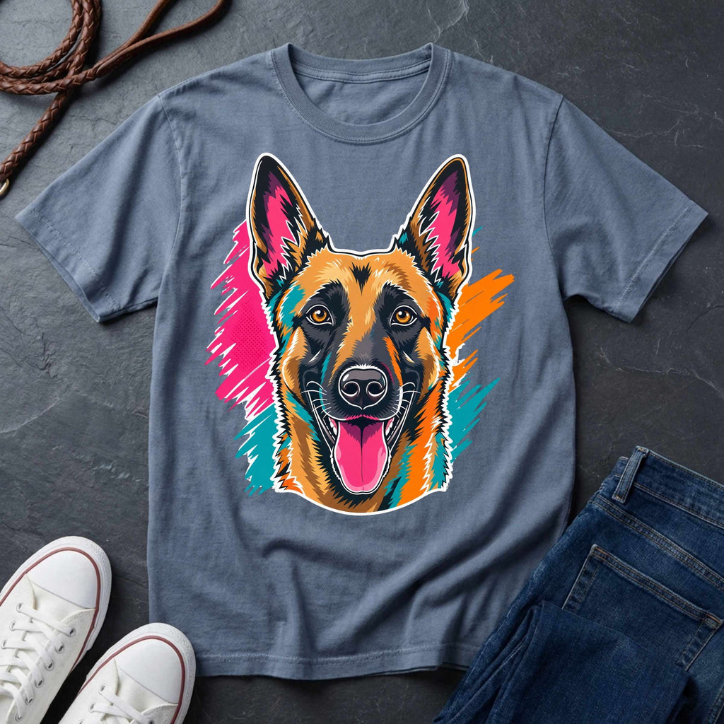 Blue jean Belgian Malinois Pop Art t-shirt design featuring a vibrant flat-vector color-block portrait of a Belgian Malinois on a Comfort Colors tee