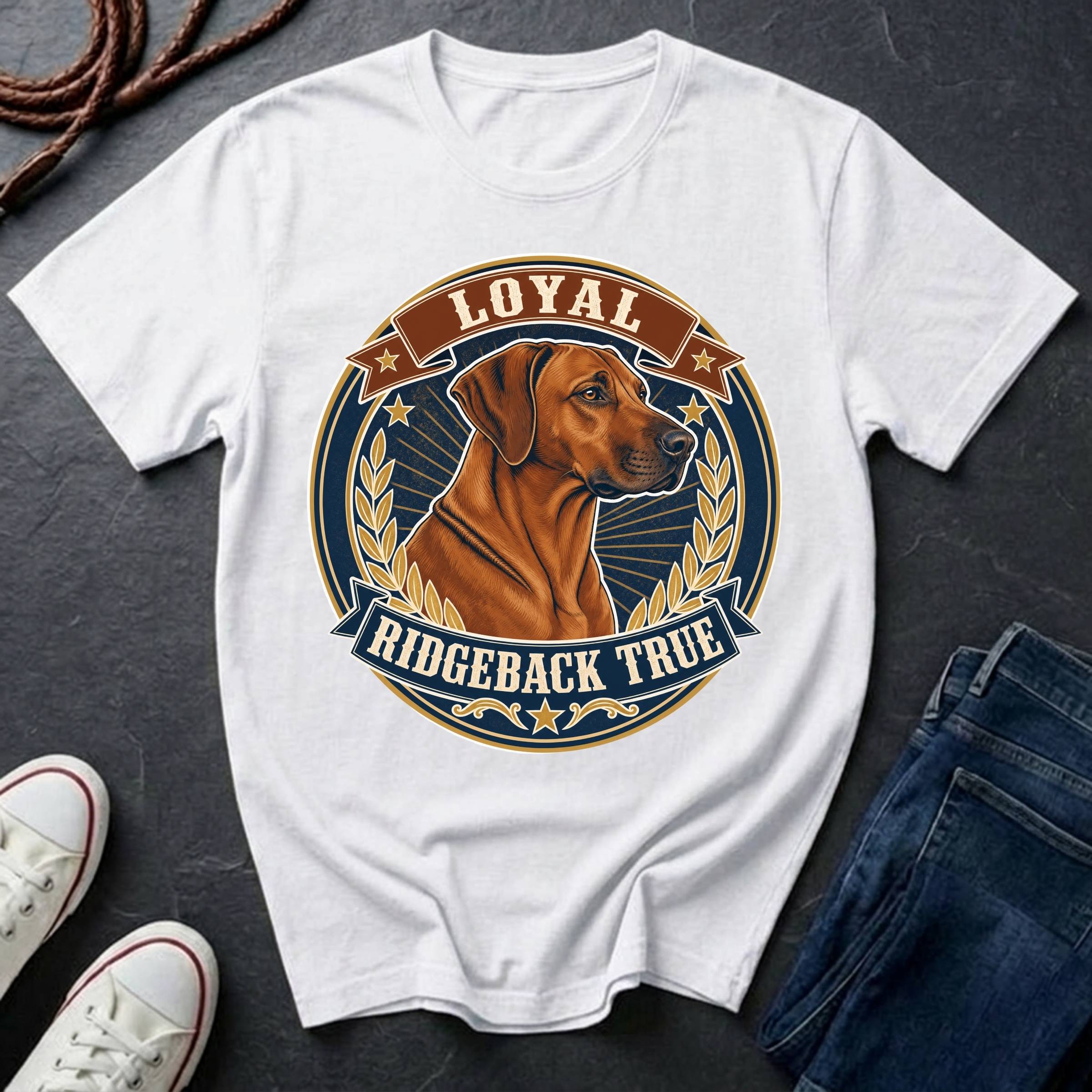 A white short-sleeve graphic T-shirt laid flat on a dark textured surface, styled with jeans, white sneakers, rope, and a small plant. The shirt features a large circular dog graphic with the words 'LOYAL RIDGEBACK TRUE' and an illustration of a brown dog.