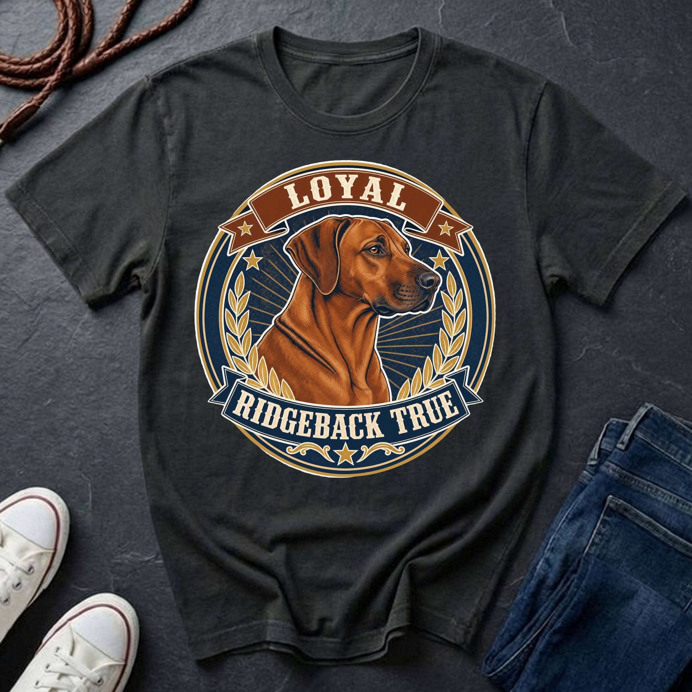 A black t-shirt laid flat on a dark textured surface, featuring a circular graphic of a Rhodesian Ridgeback dog with the text 'LOYAL RIDGEBACK TRUE'. The shirt is styled with a coiled rope, white sneakers, and blue jeans.