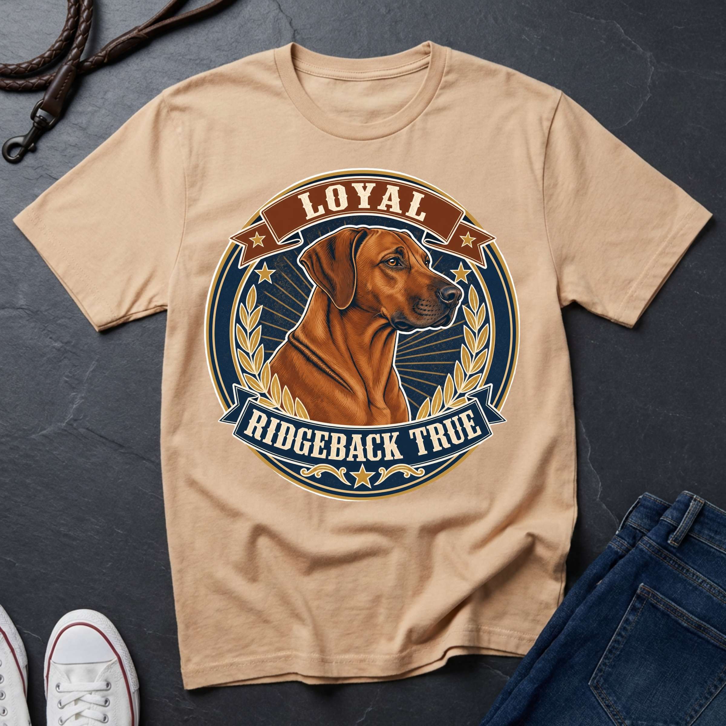 A ivory graphic t-shirt featuring a Rhodesian Ridgeback dog illustration inside a circular badge with the text 'LOYAL RIDGEBACK TRUE'. The shirt is styled in a flat-lay on a dark slate background with jeans, a shoe, and a leather strap visible around it.