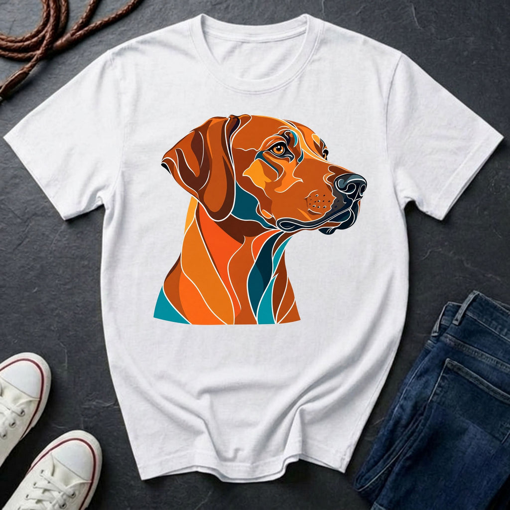  White Rhodesian Ridgeback Pop Art t-shirt design featuring a vibrant flat-vector color-block portrait of a Rhodesian Ridgeback on a Comfort Colors tee