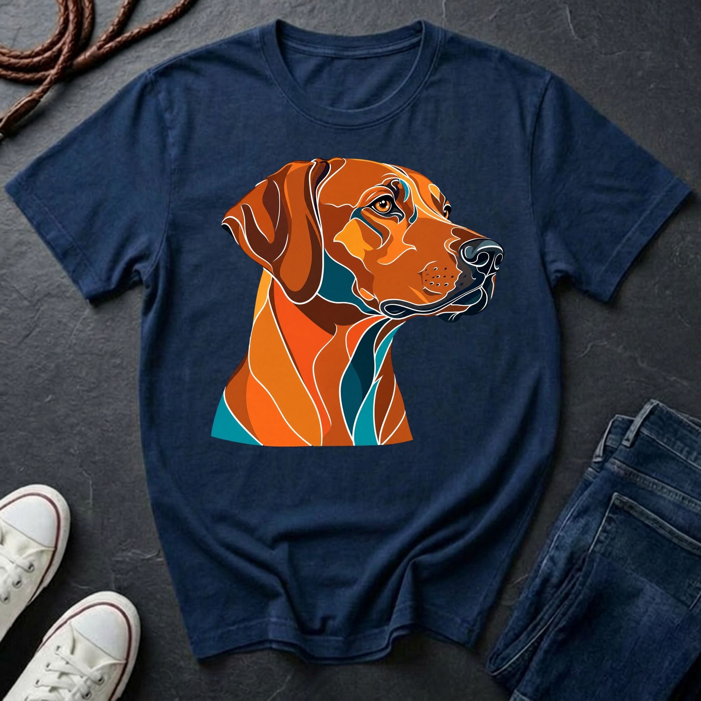 Navy Rhodesian Ridgeback Pop Art t-shirt design featuring a vibrant flat-vector color-block portrait of a Rhodesian Ridgeback on a Comfort Colors tee