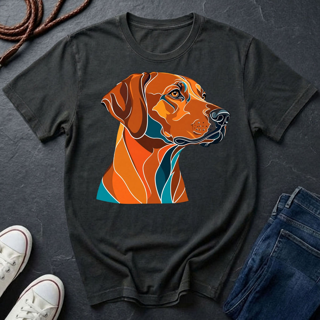 Black Rhodesian Ridgeback Pop Art t-shirt design featuring a vibrant flat-vector color-block portrait of a Rhodesian Ridgeback on a Comfort Colors tee