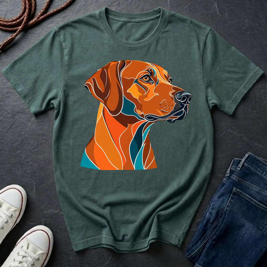  Blue spruce Rhodesian Ridgeback Pop Art t-shirt design featuring a vibrant flat-vector color-block portrait of a Rhodesian Ridgeback on a Comfort Colors tee