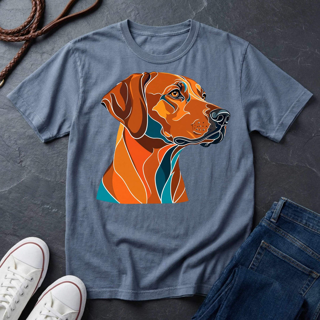 Blue jean Rhodesian Ridgeback Pop Art t-shirt design featuring a vibrant flat-vector color-block portrait of a Rhodesian Ridgeback on a Comfort Colors tee