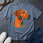 Blue jean Rhodesian Ridgeback Pop Art t-shirt design featuring a vibrant flat-vector color-block portrait of a Rhodesian Ridgeback on a Comfort Colors tee