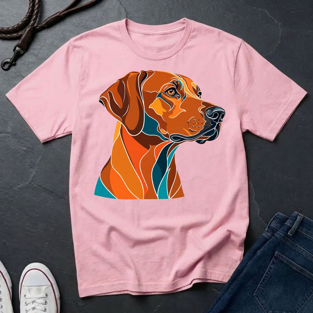 Blossom Rhodesian Ridgeback Pop Art t-shirt design featuring a vibrant flat-vector color-block portrait of a Rhodesian Ridgeback on a Comfort Colors tee