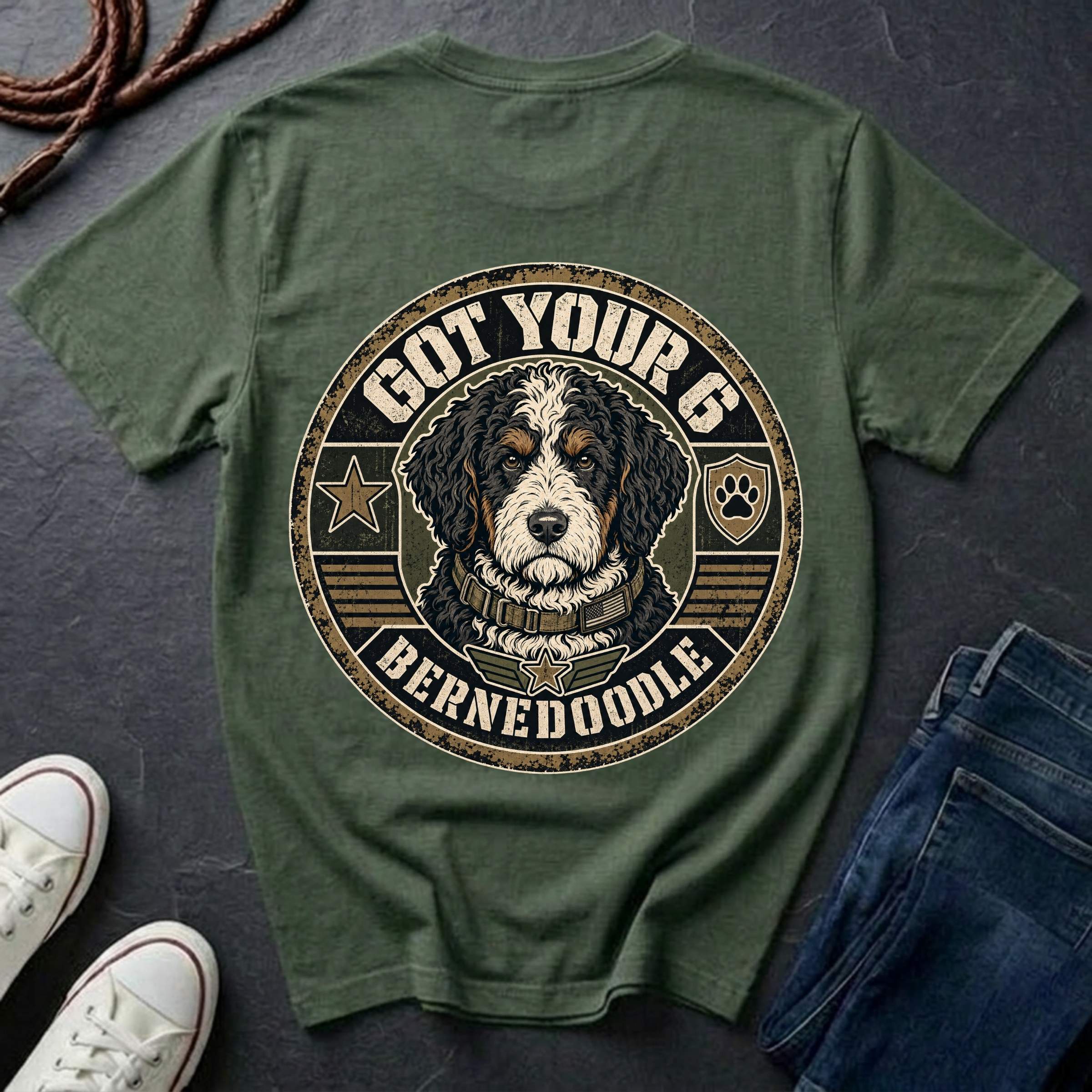 An bay short-sleeve t-shirt laid flat on a dark slate surface, featuring a large circular graphic of a Bernedoodle dog with the text 'GOT YOUR 6 BERNEDOOLE' and a paw print. White sneakers and blue jeans are partially visible as styling props.