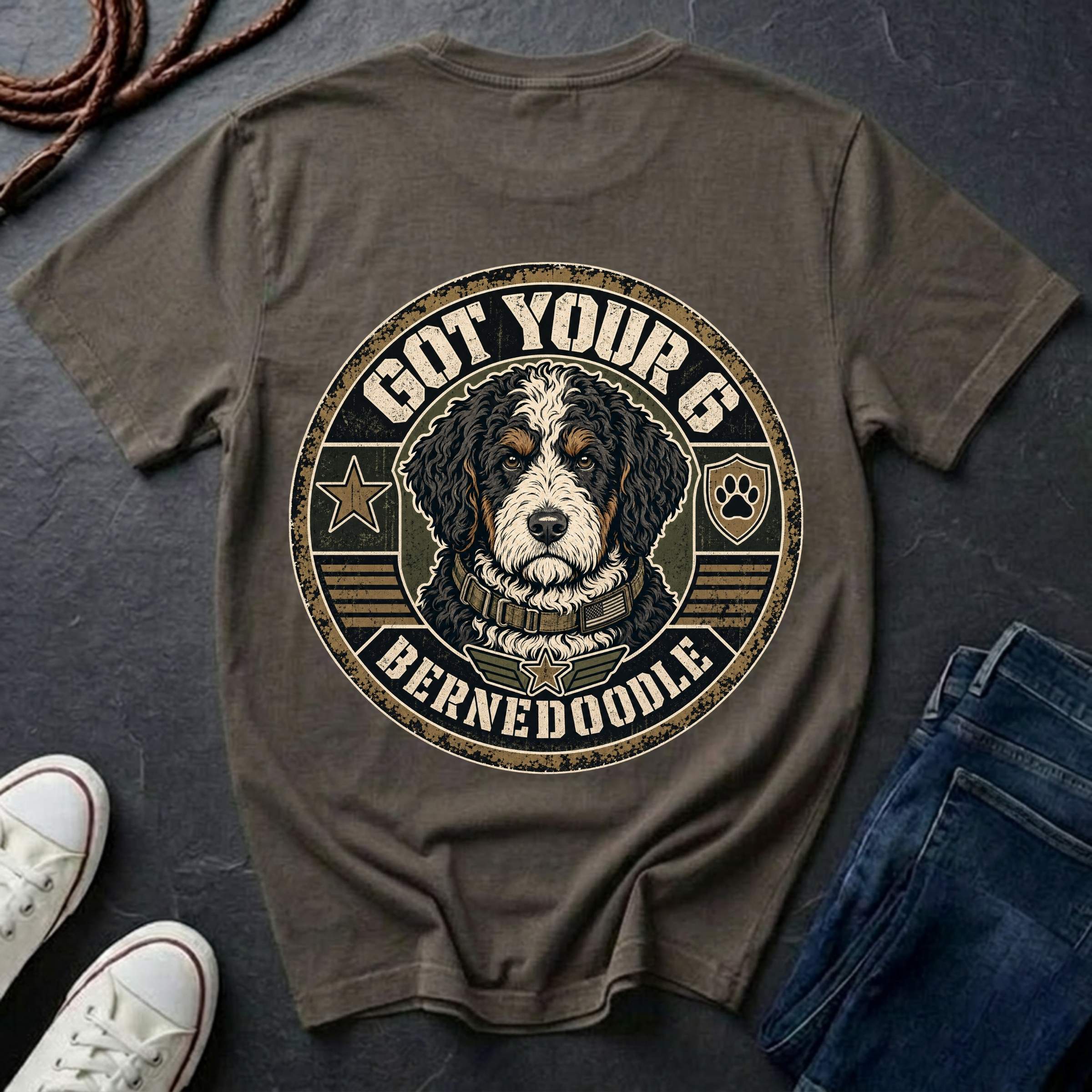 A pepper t-shirt with a large circular graphic of a Bernedoodle dog and the text 'GOT YOUR 6 BERNEDOOLE' on the back, styled in a flat lay with jeans, sneakers, and a rope on a dark slate background.